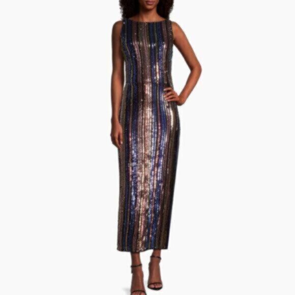 NWOT One33 Social Sequined Stripe Backless Midi Dress - Picture 2 of 12